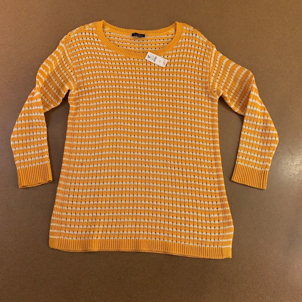 Talbots Womens X-Small Yellow White Striped Open Knit Tunic Pullover Sweater NWT
